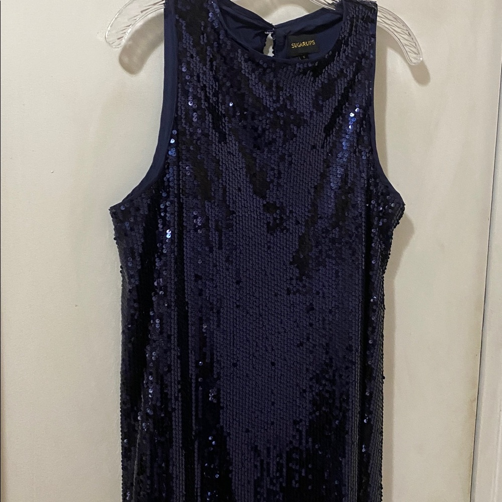 “Party Dress” Sequins Shimmering Midnight Blue Mini Dress by Sugarlips - Picture 8 of 11